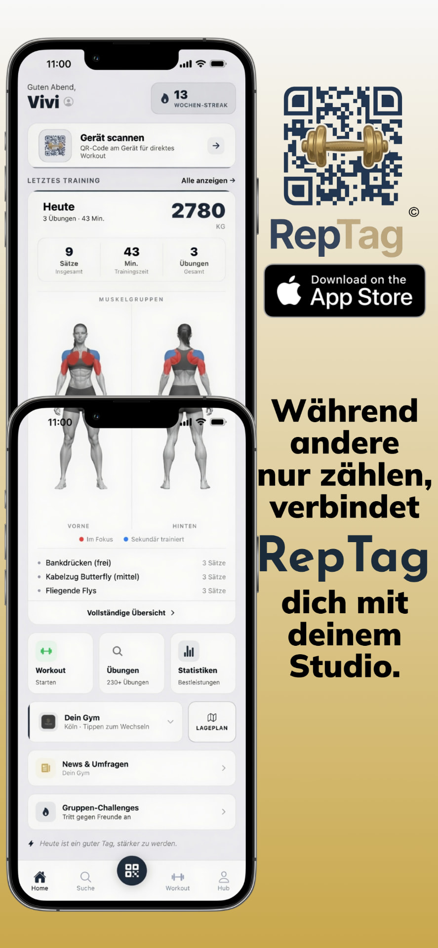 RepTag App Home-Screen mit Wochen-Streak, Workout-Übersicht und Muskelgruppen-Karte