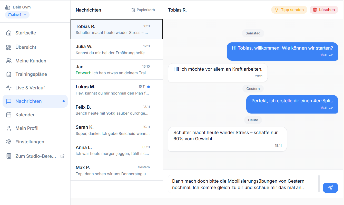Trainer-Cockpit im Studio-Dashboard: Nachrichten-Übersicht mit Kunden-Chats