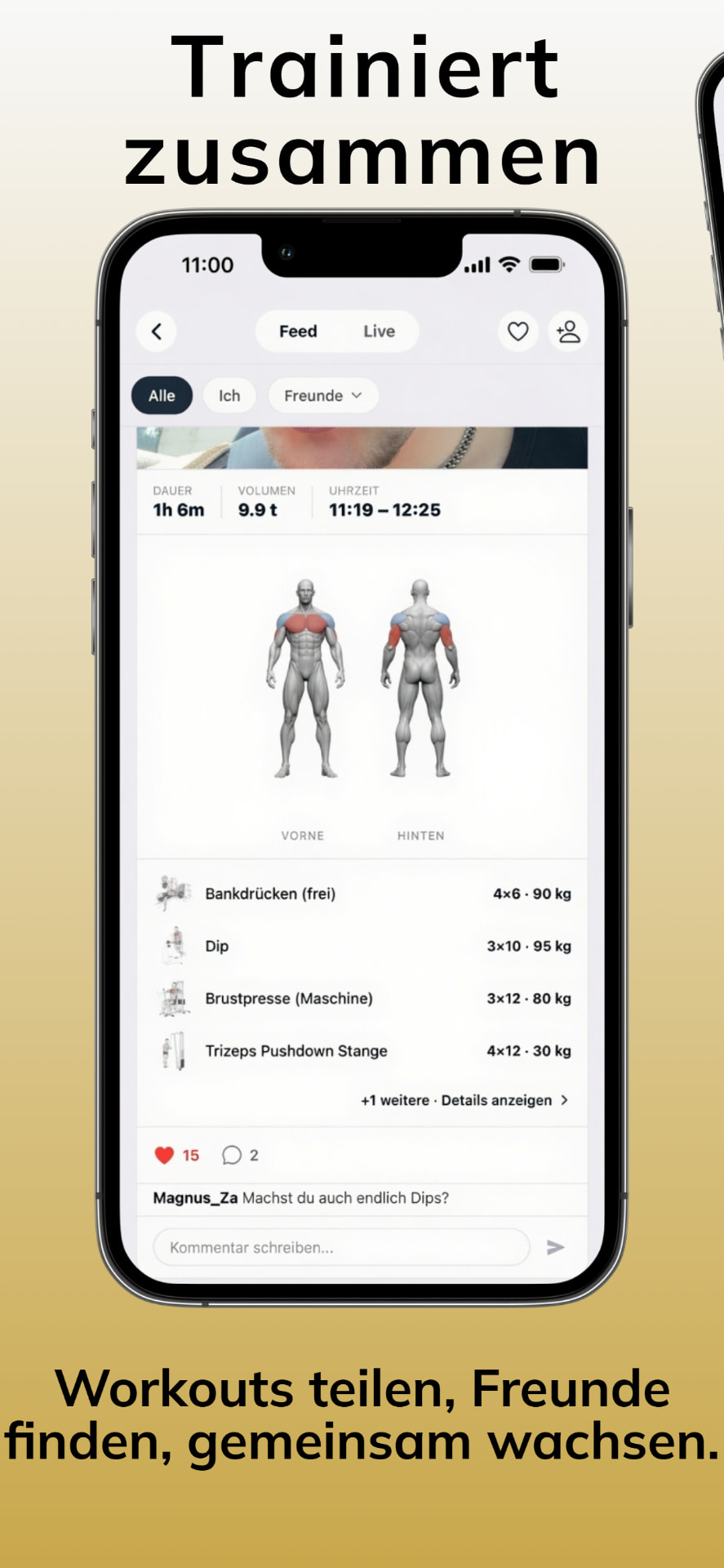 Social Feed der RepTag App mit geteiltem Workout